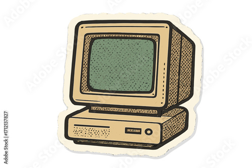 Retro computer torn paper sticker. Vintage 90s PC monitor with halftone screen. Old technology nostalgia concept. Obsolete electronic device for mixed media collage vector.