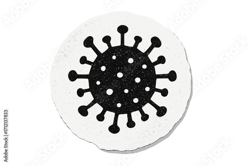 Round virus halftone torn paper sticker. Isolated dotted iconic SARS virus icon. Retro textured vector illustration for covid-19 pandemic, disease, and health concept.