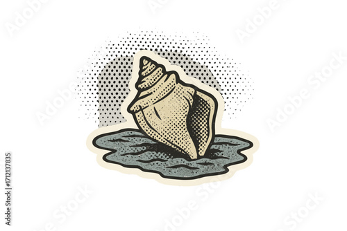 Seashell torn paper sticker in retro halftone collage style. Isolated tropical conch shell on beach. Sea life, coastal wildlife, marine life, underwater vector illustration.