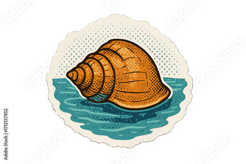 Vintage seashell illustration in a torn paper collage sticker style. Halftone effect conch shell in the sea. Coastal nature, tropical ocean wildlife and marine life concept.