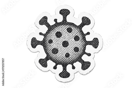 Round virus halftone torn paper sticker. Isolated dotted iconic SARS Covid-19 virus icon symbol. Dotted retro texture vector illustration. Pandemic infection disease concept.