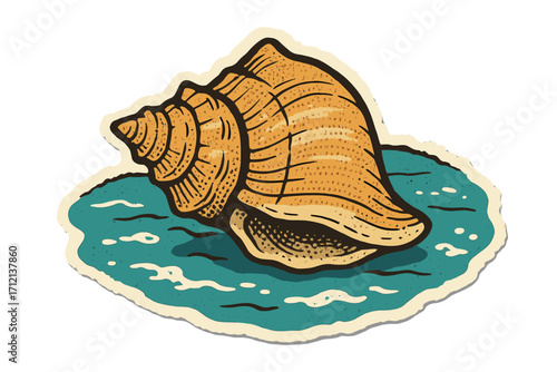 Seashell isolated in torn paper sticker style with halftone collage effect. Tropical conch shell in the sea. Coastal wildlife, sea life, underwater nature concept. Vintage vector.
