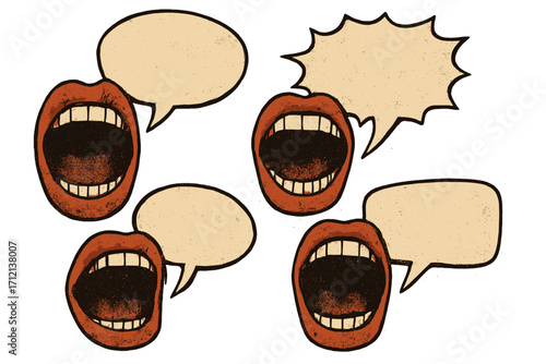 Screaming mouth speech bubble set. Retro grunge texture. Pop art cartoon vector. Yelling anger protest announcement. Open mouth talking shouting. Communication illustration.
