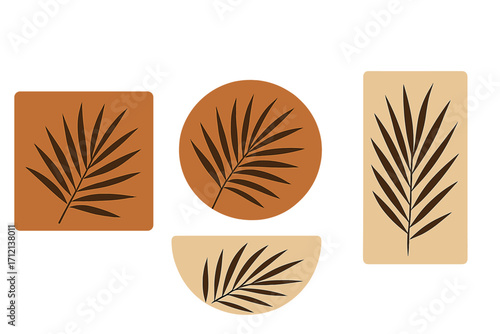 Set of abstract minimalist boho leaves in mid-century style. Silhouette of palm leaves in geometric shapes. Earthy terracotta palette for trendy interior wall art decoration. Vector.