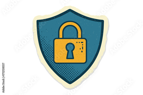 Cybersecurity concept with shield and lock icon. Torn paper sticker style. Metaphor for personal data protection, internet safety, network privacy, secure connection, and vpn.