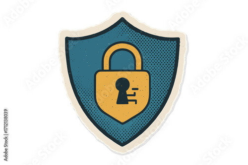 Cybersecurity concept shield with digital lock icon. Torn paper sticker for personal data protection. Modern retro pop art style. Security, privacy, and safety metaphor.
