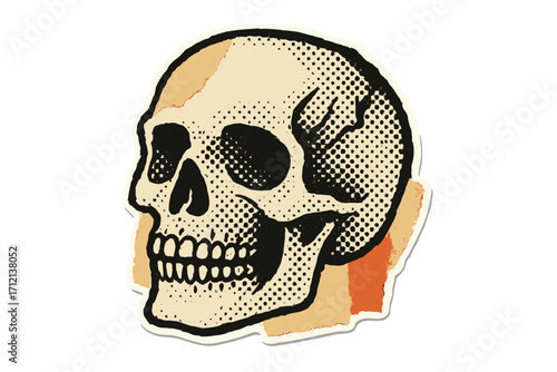 Skull halftone mixed media collage. Dotted vintage illustration in 90s zine paper piece style. Punk rock spooky sticker. Grunge comic art element for Halloween. Death symbol.