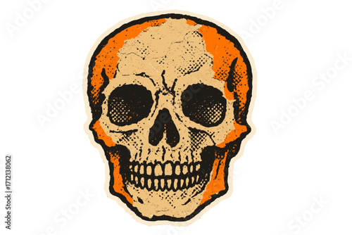 Human skull halftone mixed media collage. Paper sticker dotted vintage 90s zine style. Spooky Halloween symbol. Anatomy head skeleton. Punk rock aesthetic. Grunge horror art.