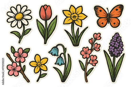 Spring flowers sticker set. Retro grunge floral collection with dotted halftone texture. Vintage vector illustration of daisy, tulip, daffodil, butterfly for collage.