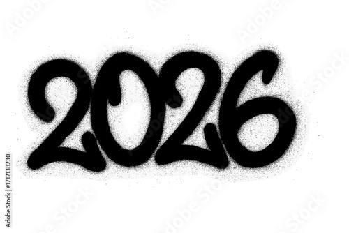 Graffiti 2026 number vector. Urban street art style with sprayed tag font. Grunge illustration of the new year 2026 with black overspray effect on a transparent background.