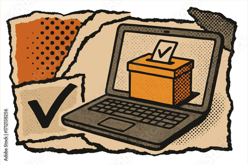 Online voting concept with laptop and ballot box in torn paper collage, retro halftone style banner for digital election and secure electronic voting