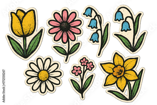 Spring flowers sticker set. Retro floral illustration collection. Vintage grunge hand-drawn vector art. Tulip, daisy, daffodil collage elements for modern design. Halftone texture.