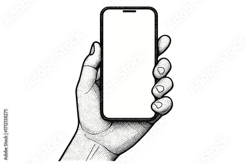 Hand holding phone with blank screen. Smartphone mockup template for mobile app advertising. Retro comic halftone collage style. Vector illustration isolated on white background.