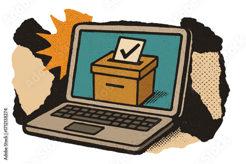 Trendy halftone collage banner for online election voting. Laptop with ballot box and checkmark on screen in torn paper retro style. Online voting, election concept vector design.