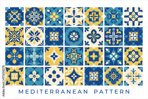 Mediterranean pattern card. Mediterranean horizontal background, cover, flyer. Italian, Portuguese, Greek traditional style. Blue and yellow abstract mosaic, patchwork. Interior design. Vector.