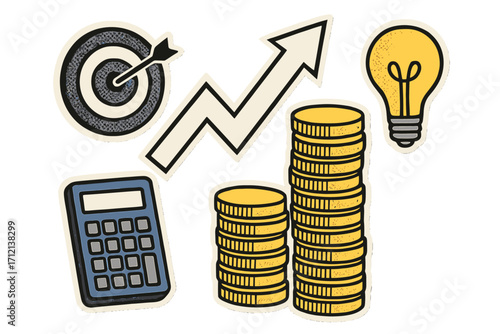Trendy modern retro business concept collage with arrows, coins pile, calculator and light bulb. Financial planning, growth strategy, investment idea, success goal, target aim vector