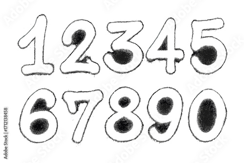 Urban graffiti spray paint numbers set, white hand-drawn spray-painted digits isolated on black background, vector cartoon style, bold street art font cliparts from 0 to 9