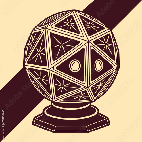 Vector art of an abstract geometric sphere with triangular facets and starburst patterns on a pedestal, set against a diagonal stripe background