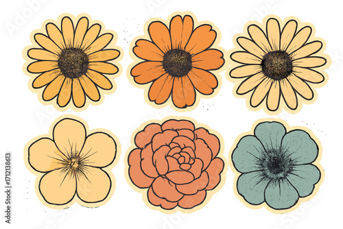 Vintage spring flowers set, collage flower heads top view, minimalism aesthetic, retro bitmap scrapbooking style, trendy floral stickers, dotted elements, botanical illustrations