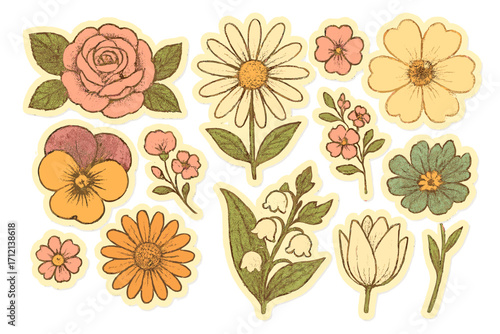 Vintage spring flowers kit collage with retro bitmap style, cutout floral elements for scrapbooking and trendy girly stickers, top view flowerheads collection, retro botanical design