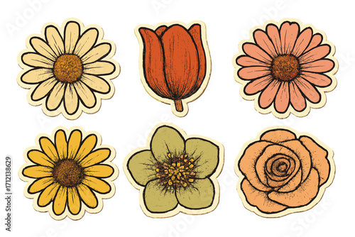 Vintage spring flowers collage set, top view flowerheads with minimalism aesthetic, retro bitmap scrapbooking style, trendy floral stickers with dotted elements, botanical design collection