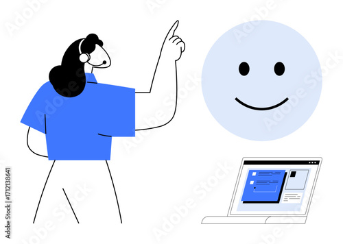 Person wearing headset pointing at a smiling face above a laptop screen displaying a webpage. Ideal for customer service, feedback, online support, communication, assistance, client relations