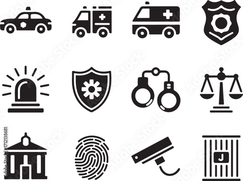 Law enforcement and justice icons for safety and security