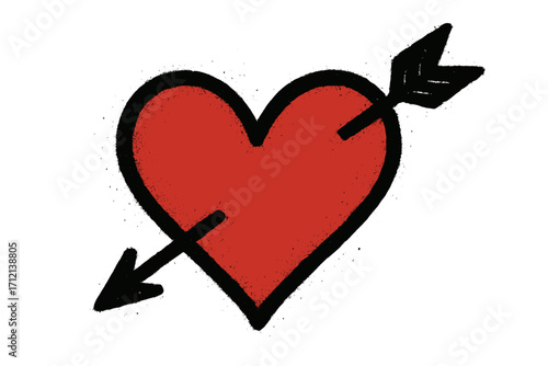 Urban graffiti spray art of a red heart pierced by an arrow, Y2K style Valentine’s Day design, hand-drawn textured vector illustration, love symbol, sublimation print