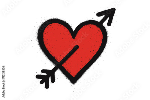 Urban graffiti red heart pierced by arrow, spray paint street art for Valentine's Day, Y2K style print design, textured hand-drawn vector cartoon illustration, love symbol