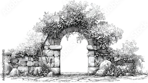 Enchanting Elven Arch Gate surrounded by Vintage Foliage and Stone