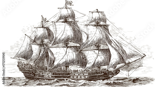 Vintage Engraved Pirate Ship Vector Illustration