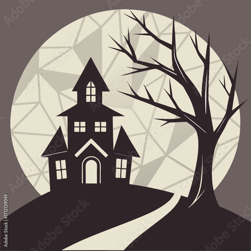 Vector art of spooky haunted house silhouette on a hill under a large full moon with a bare tree and winding path