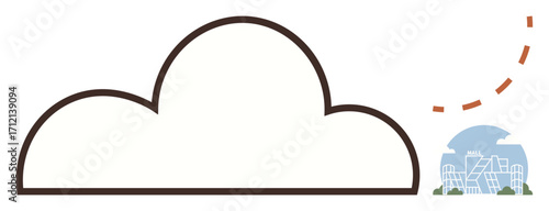 Minimalist design of a cloud shape with a futuristic cityscape and a dashed semi-circle. Ideal for technology, cloud computing, urban networking, innovation, communication, connection, data storage