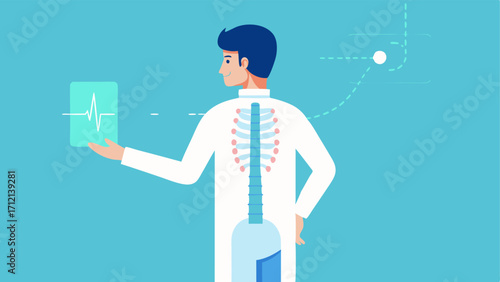 3D Spine Alignment Check A doctor manipulating a holographic spine model to assess alignment with digital annotations about vertebrae health and suggestions for treatment.