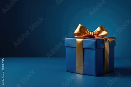 Sophisticated blue gift box with golden bow, copy space Dark blue backdrop , present, top view, stylish