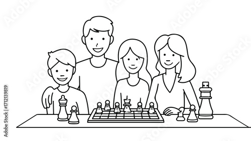 Family Game Night Line Drawing Vector Illustration for Fun and Entertainment at Home