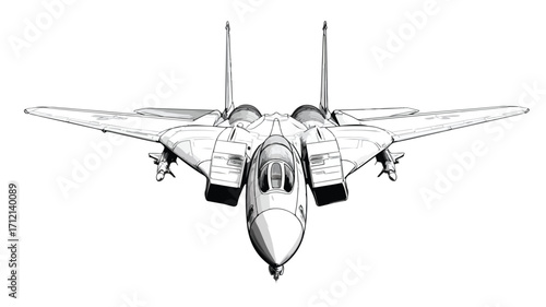 Sleek Fighter Jet Black White Isolated Icon Vector Illustration