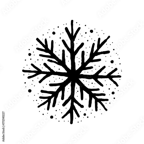 Hand-drawn black Christmas snowflake sketch with ink splatter effect on white background.