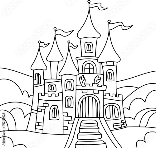 Whimsical black and white line drawing of a fairytale castle with flags and a grand entrance set against rolling hills