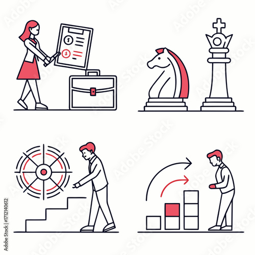 Business strategy and planning concept with a woman presenting a plan, chess pieces, a target, and a man improving a bar graph