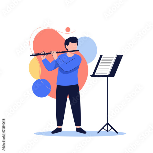 Musician plays melodious tunes on a flute with a music stand nearby