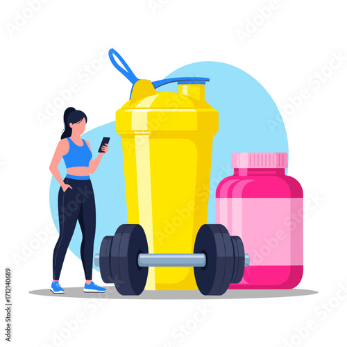 A woman with a smartphone stands next to fitness equipment and supplements for a healthy lifestyle