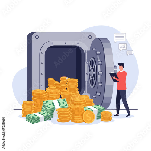 Securely storing financial assets and wealth in a bank vault with a financial manager analyzing data