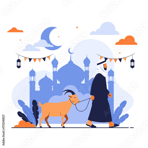 Man leading a goat towards a mosque during eid al adha celebrations with decorations and crescent moon in the sky