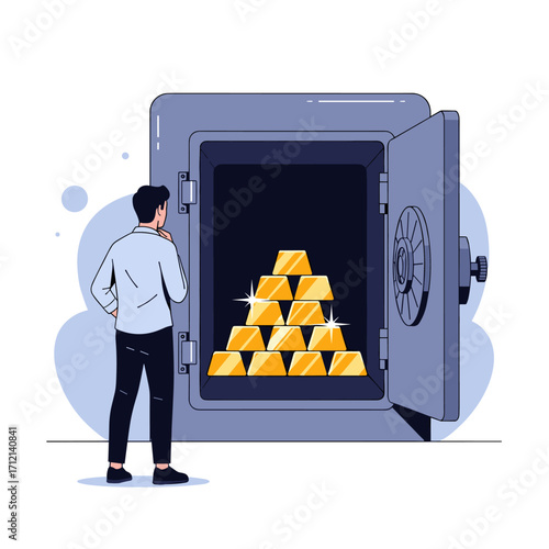 Man contemplating a vault filled with gleaming gold bars financial security and wealth storage concept