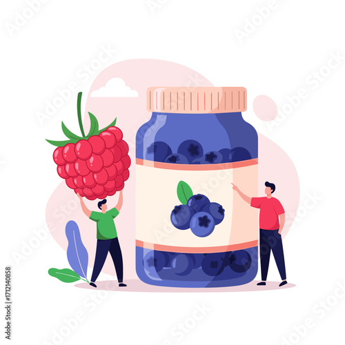 Small people holding giant raspberry next to large blueberry jar for healthy eating and nutrition concept