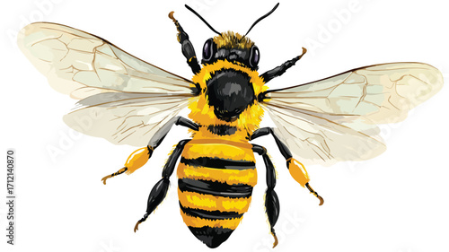 Beautiful Honey Bee Flying with Yellow Flowers - Vector Illustration