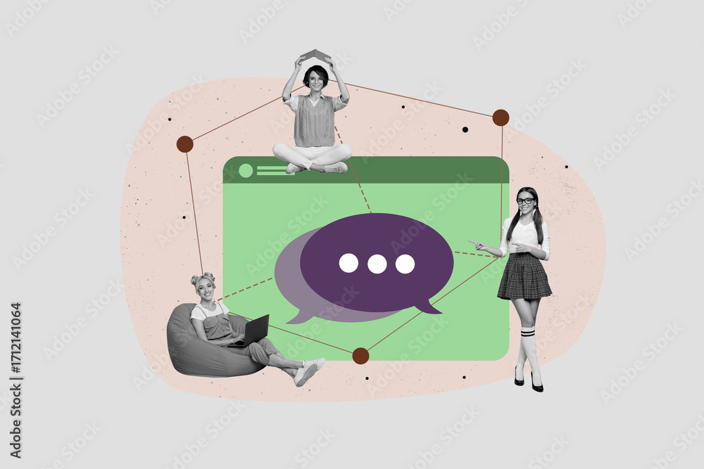 Fototapeta premium Creative full art collage of happy girl guy stand communication icon dialogue conversation speech distance chat discussion