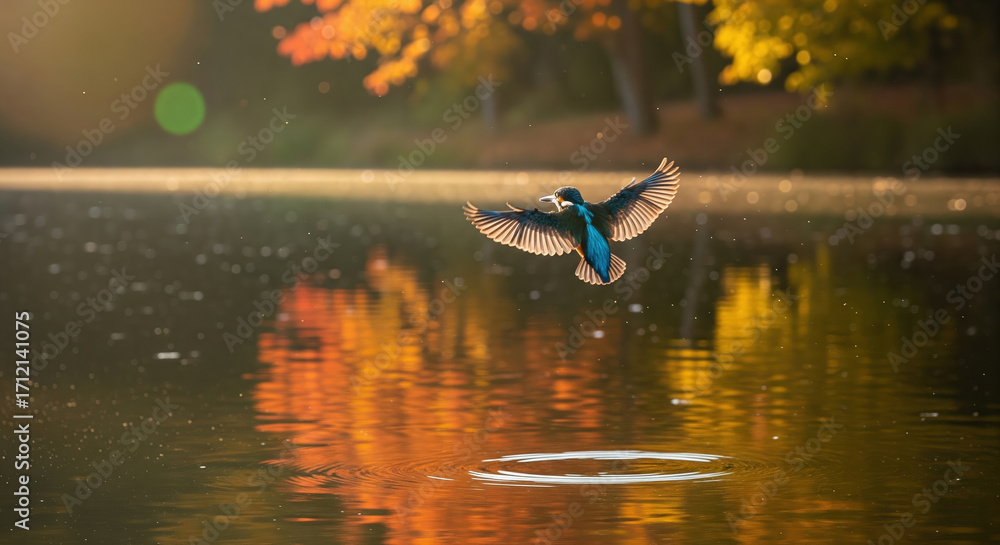 Fototapeta premium Kingfisher in flight with a fish over a lake with autumn reflections. Wildlife action shot of a bird hunting in its natural habitat.