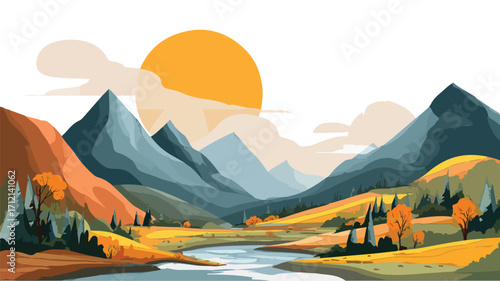 Mountain Landscape with Stylish Sun Vector Illustration